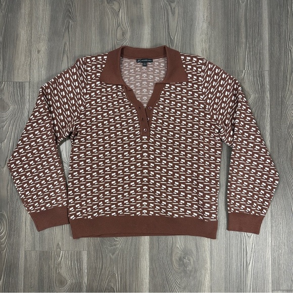 Adrianna Papell Brown and White Patterned Polo Sweater with Button Details - Picture 1 of 4
